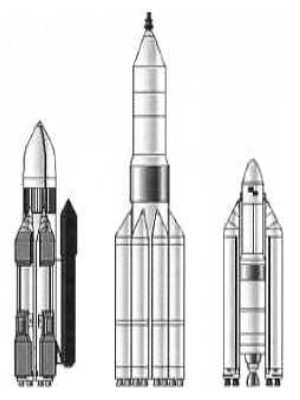 Three Energia rockets, the Vulkan in the center