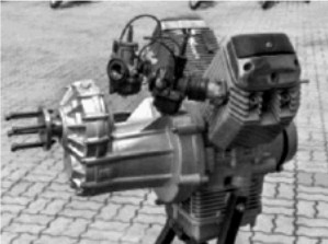 Guzzi engine with superimposed gearbox