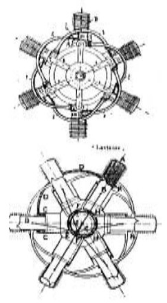 Dos dibujos del motor Laviator de seis cilindros