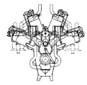 Panhard et Levassor 16 cilindros doble V, dibujo frontal