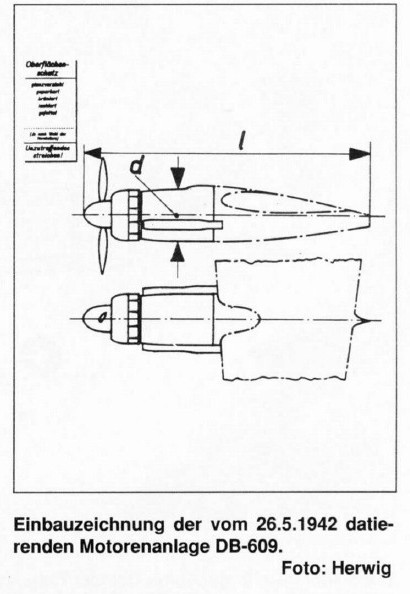 DB 609, posición en montaje con hélice de tracción